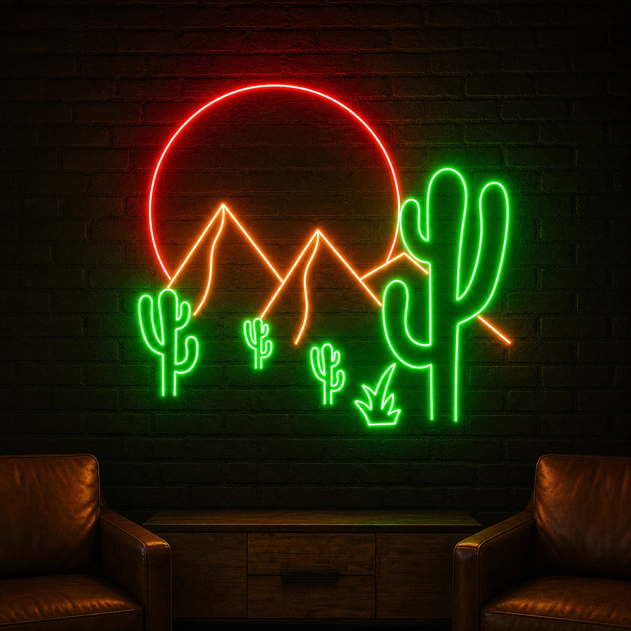 Desert Mountains Sun And Cactus LED Neon Sign Man Cave Neon Sign real lifestyle scene