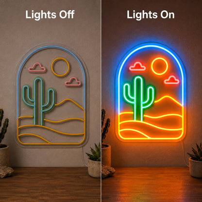 Desert Sun Cactus LED Neon Sign day and night comparison