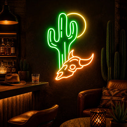 Desert Sun Cactus Longhorn Skull Vintage LED Neon Sign high-converting product image