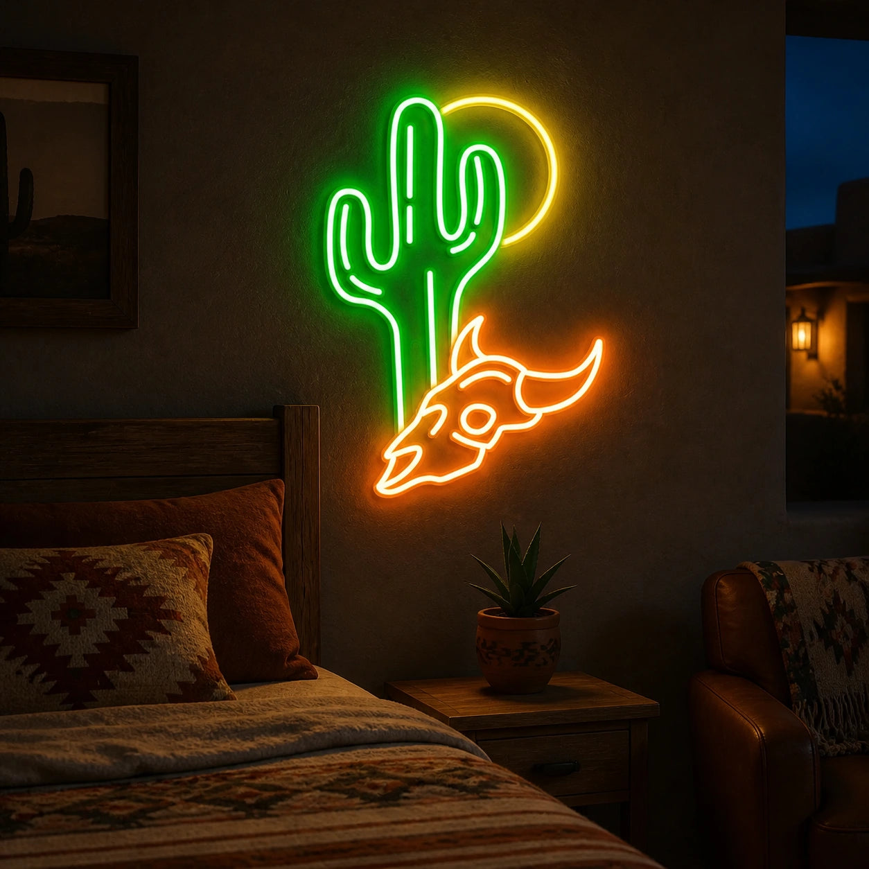 Desert Sun Cactus Longhorn Skull Vintage LED Neon Sign real lifestyle scene