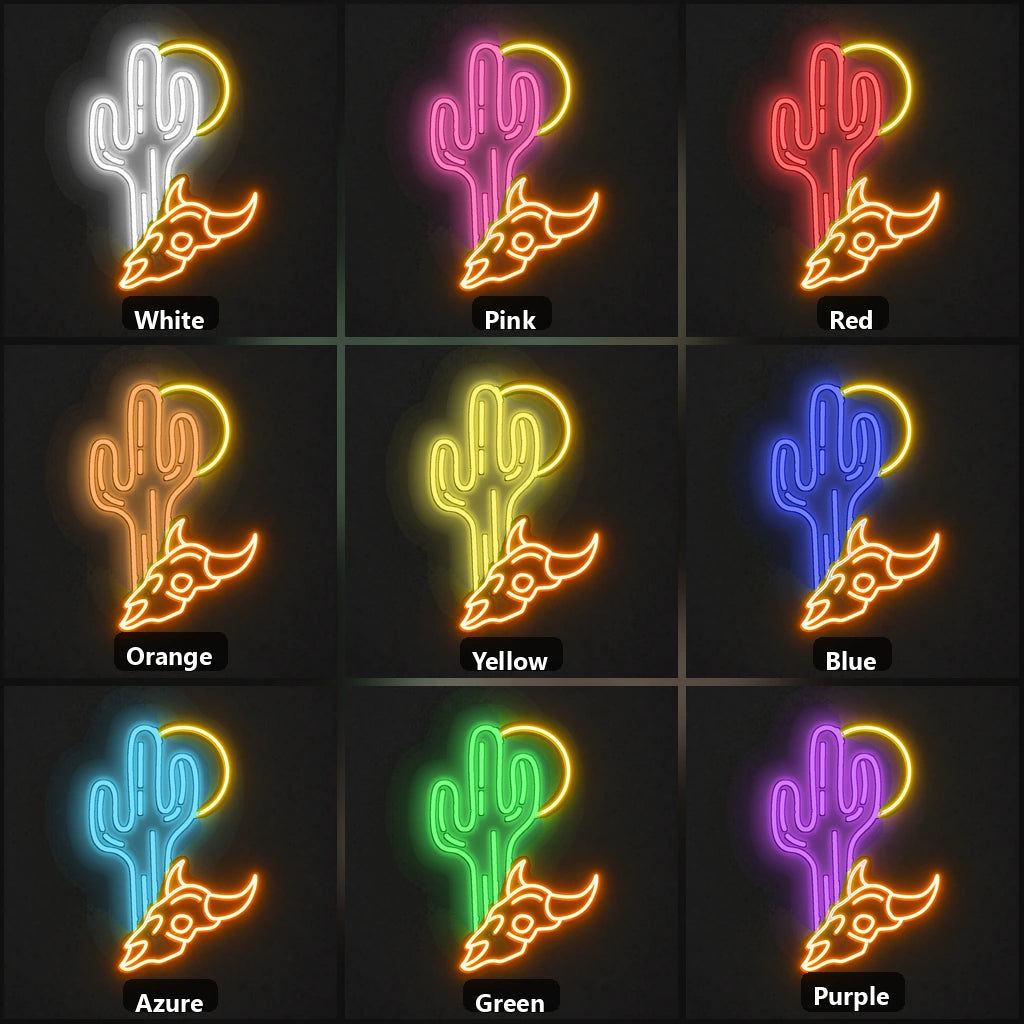 Desert Sun Cactus Longhorn Skull Vintage LED Neon Sign color grid