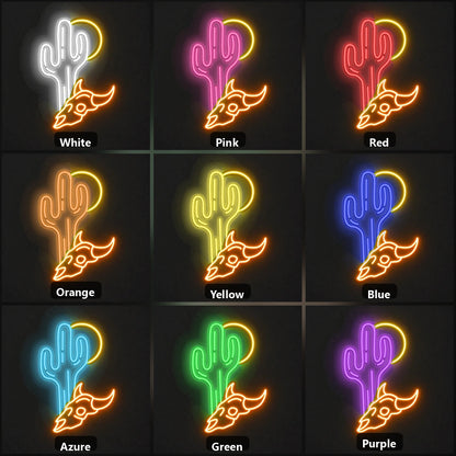 Desert Sun Cactus Longhorn Skull Vintage LED Neon Sign color grid