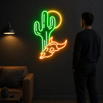 Desert Sun Cactus Longhorn Skull Vintage LED Neon Sign - Shineneon