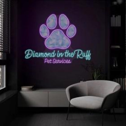 Diamond In The Ruff Purple Paw Print Led Neon Sign For Pet Services Indoor Decor | Shineneon
