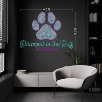 Diamond In The Ruff Purple Paw Print Led Neon Sign For Pet Services Indoor Decor | Shineneon