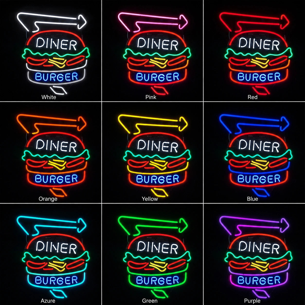 Diner Burger Arrow Neon Sign LED Neon Sign color grid