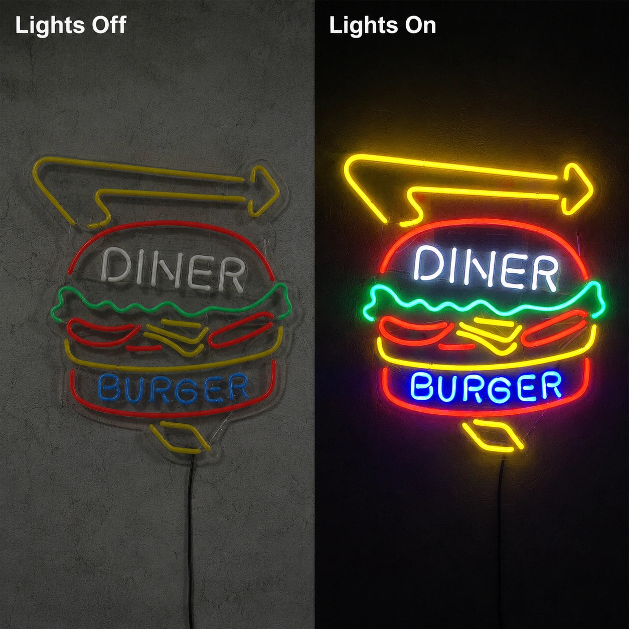 Diner Burger Arrow Neon Sign LED Neon Sign day and night comparison