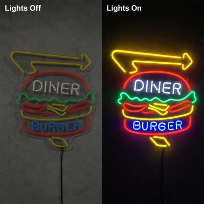 Diner Burger Arrow Neon Sign LED Neon Sign day and night comparison