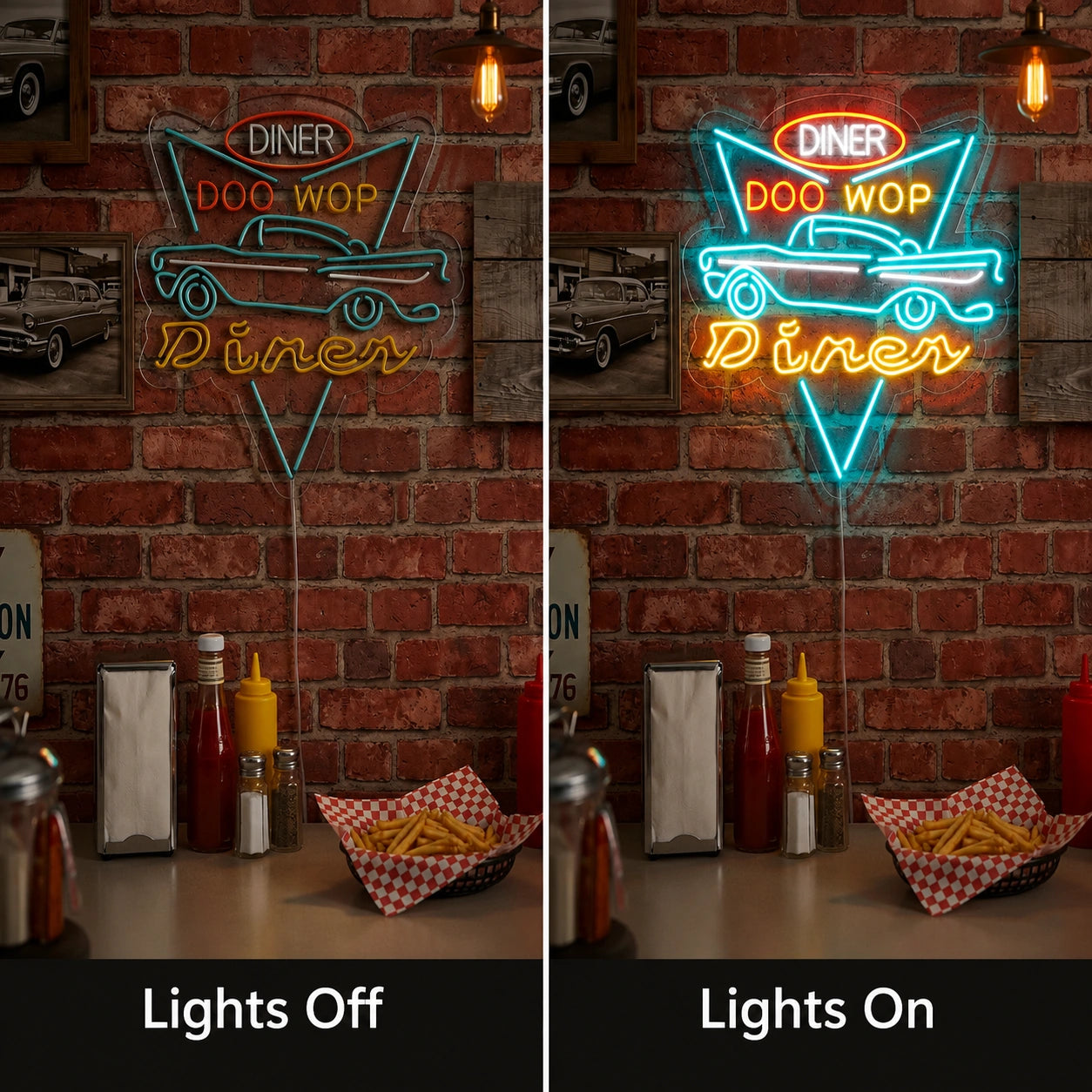 Diner Drive In Neon Sign LED Neon Sign day and night comparison