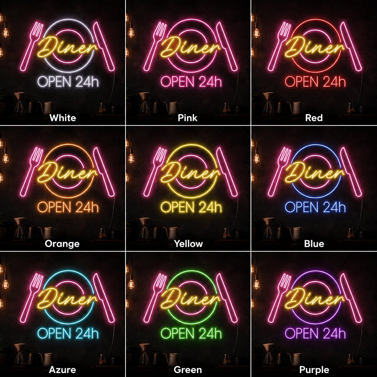 Diner Open 24h Home LED Neon Sign day and night comparison