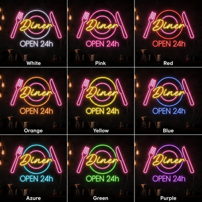 Diner Open 24h Home LED Neon Sign day and night comparison