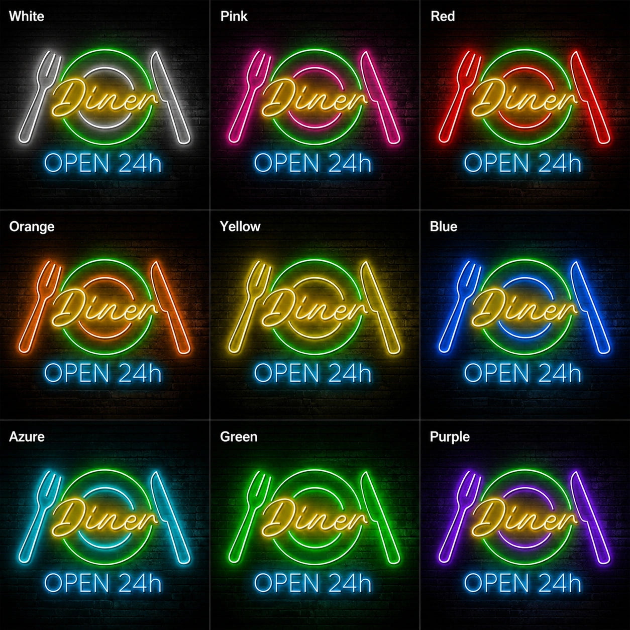 Diner Open Twenty Four Hours Neon Sign LED Neon Sign color grid