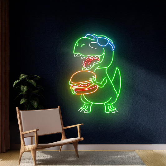 Dinosaur Eating Burger Neon Sign