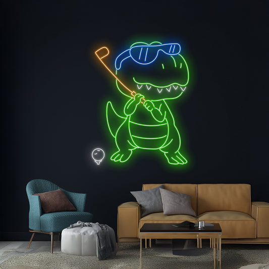 Dinosaur Golfer Neon Sign