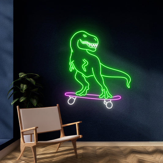 Dinosaur Skateboarding Neon Sign