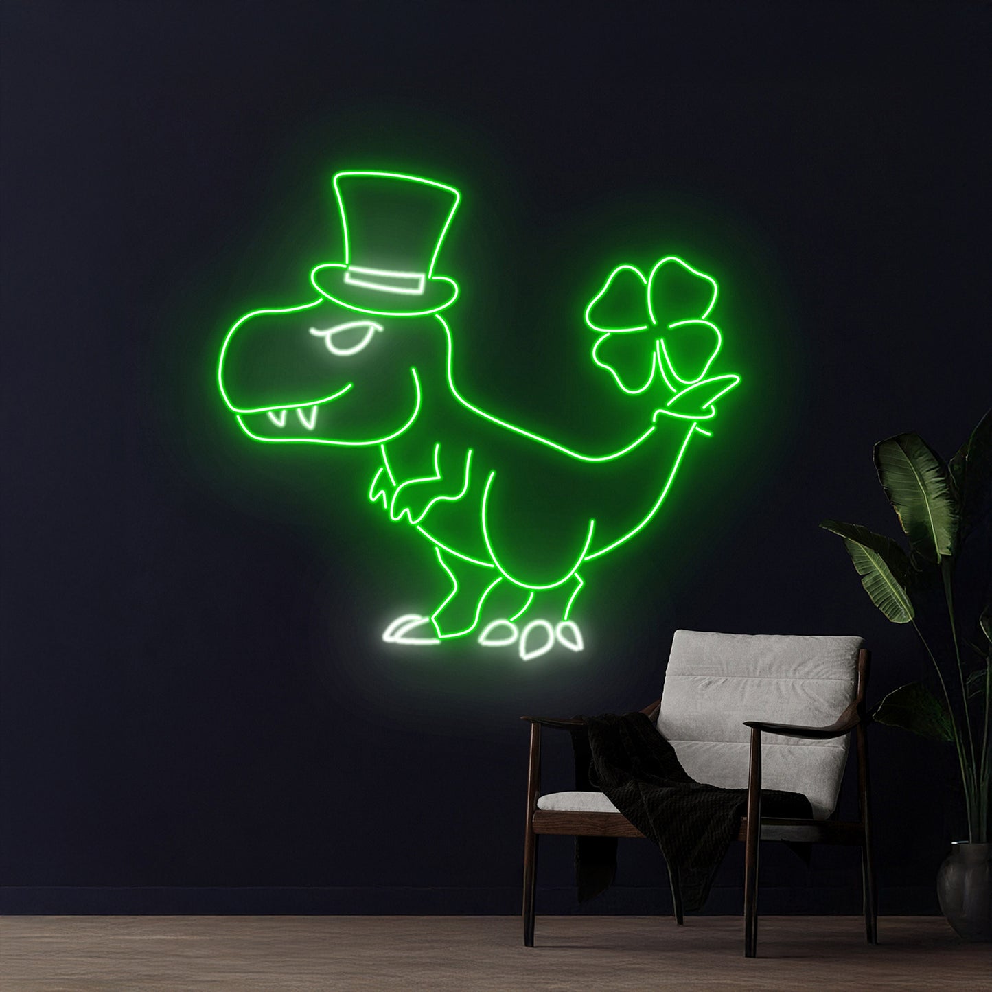 Dinosaur St Patrick Hat 4 Leaf Clover Neon Light