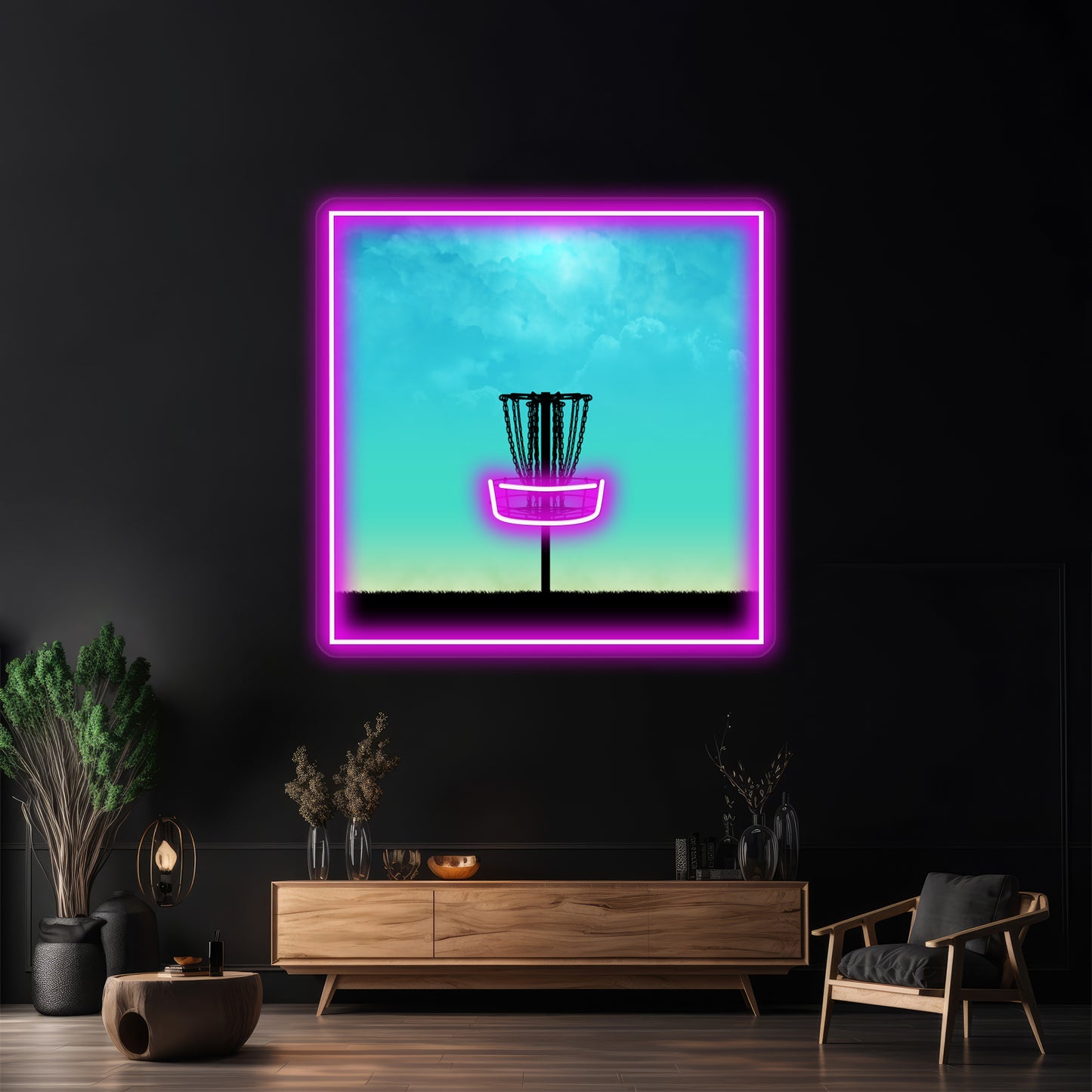 Disc Golf Basket Silhouette Wall Artwork Neon Signs