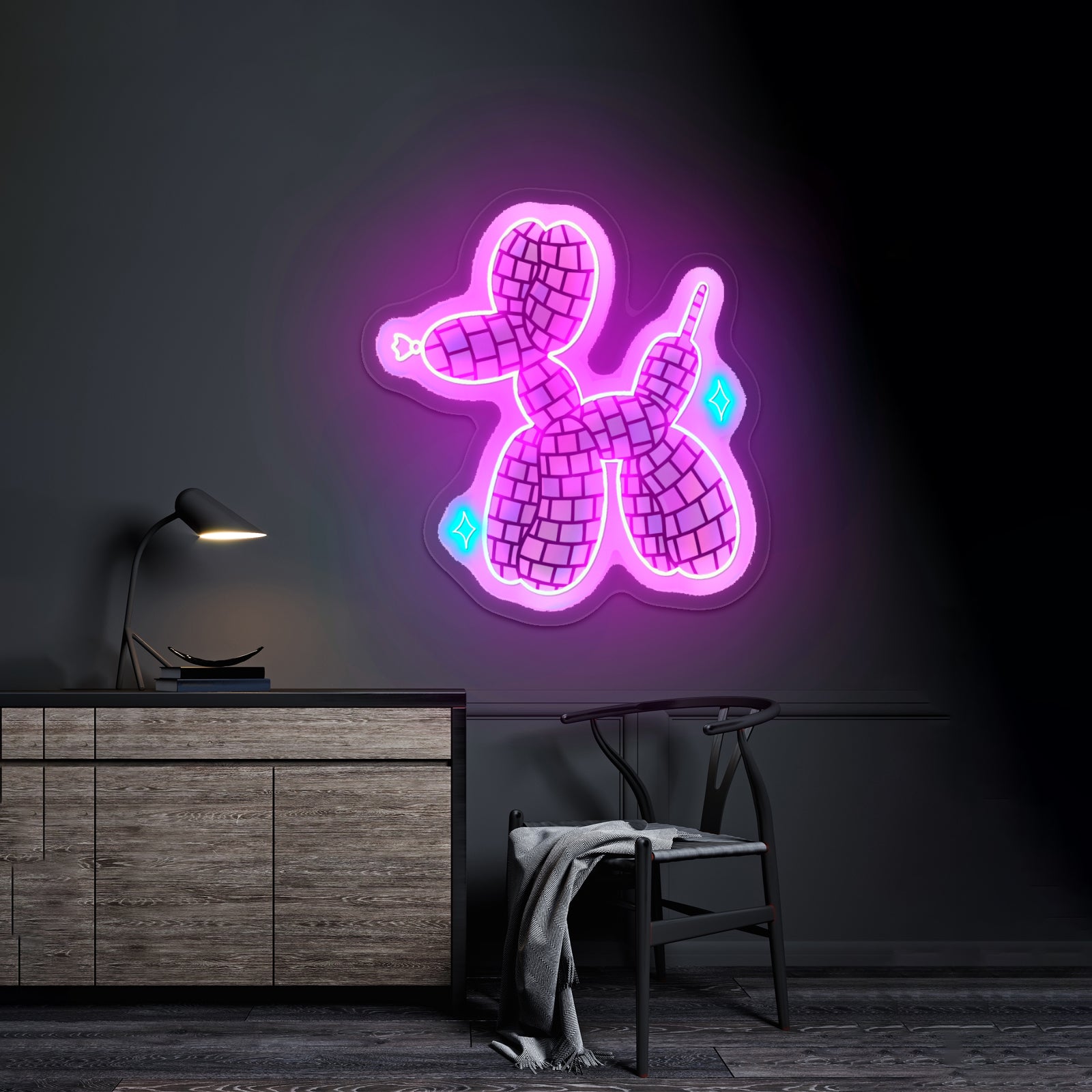 Disco Ball Balloon Dog Holographic Neon Signs For Business Decor