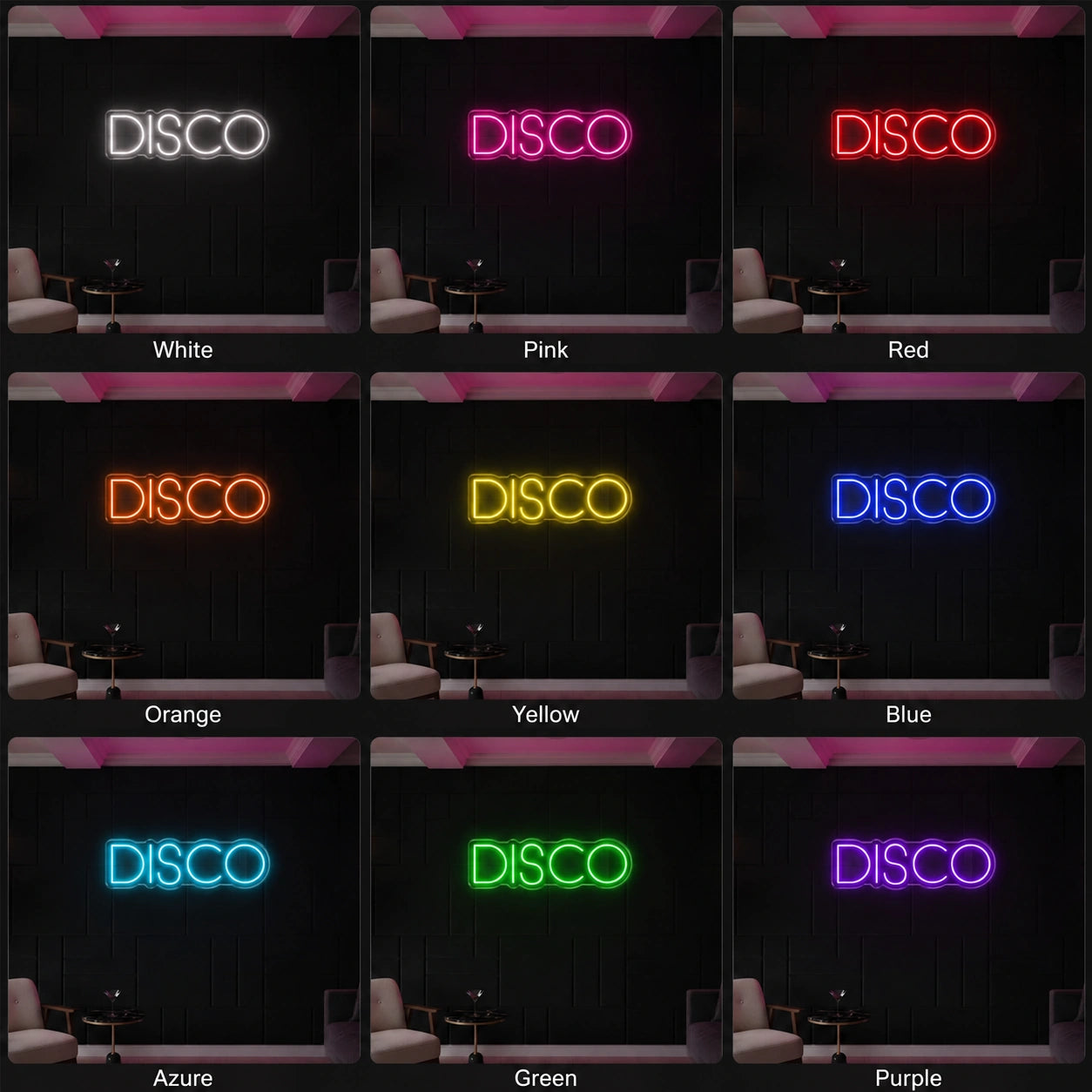 Disco Text LED Neon Sign day and night comparison