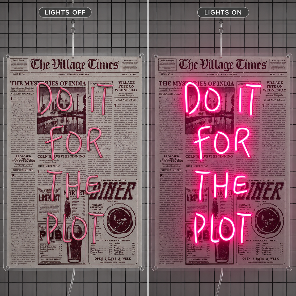 Do It For The Plot LED Neon Sign - 06 Day Night Comparison
