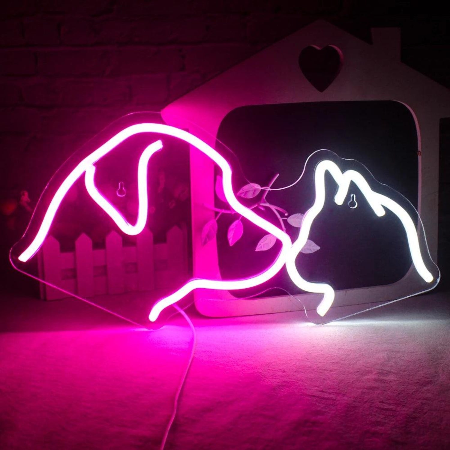 Dog Cat Silhouette Pink White Led Neon Sign For Home Wall Decor | Shineneon