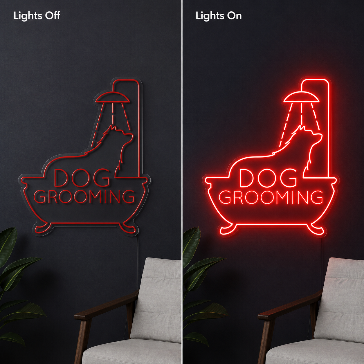 Dog Grooming LED Neon Sign - 06 Day Night Comparison