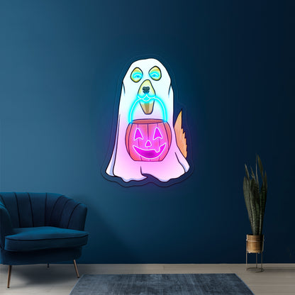Dog In Ghost Costume Halloween Neon Signs