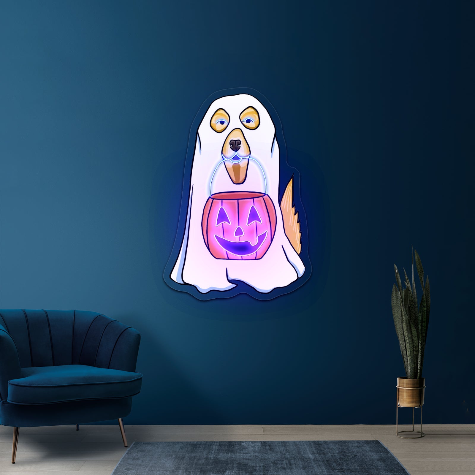 Dog In Ghost Costume Halloween Neon Signs