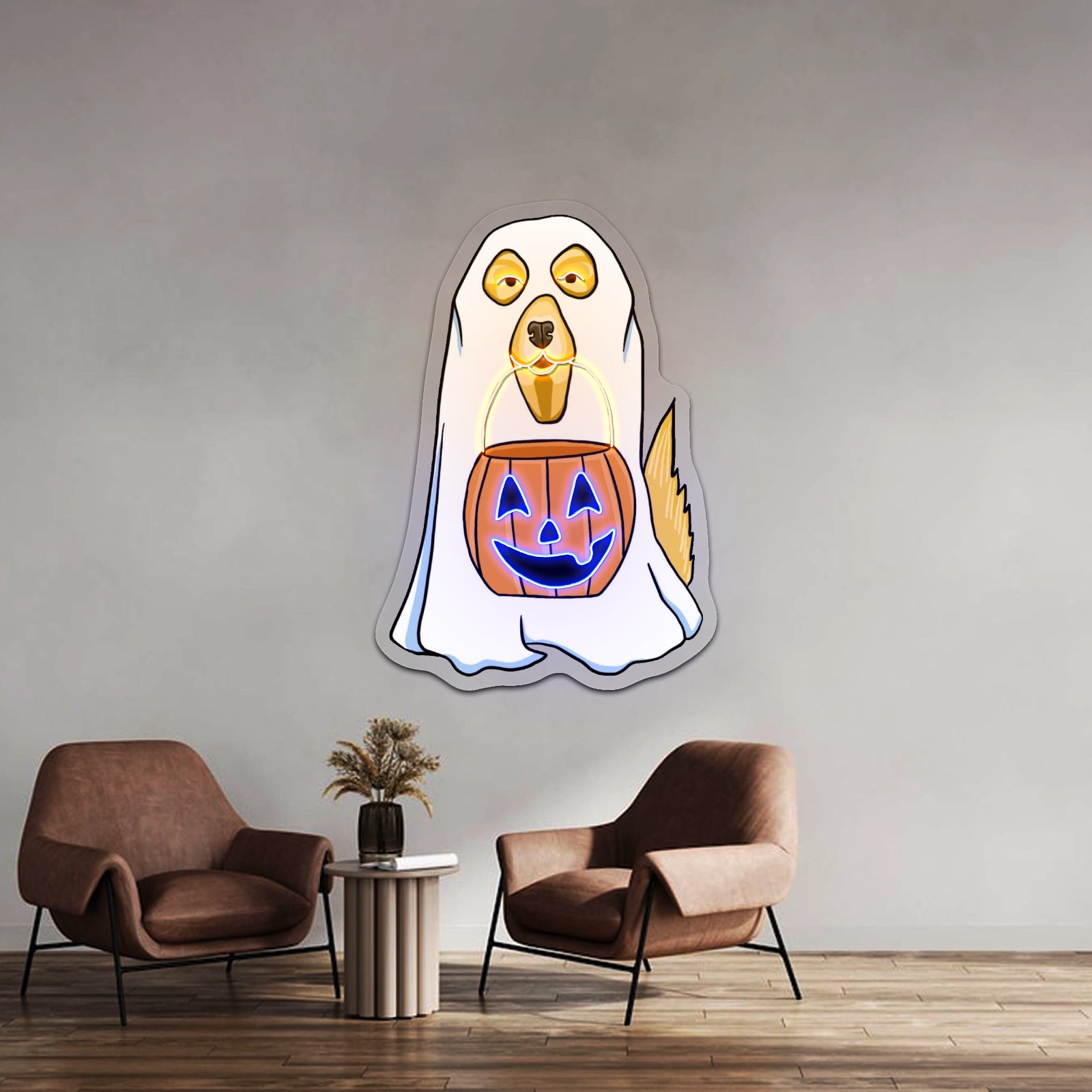 Dog In Ghost Costume Halloween Neon Signs