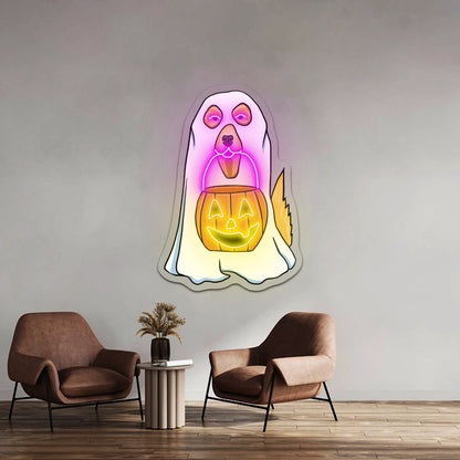 Dog In Ghost Costume Halloween Neon Signs