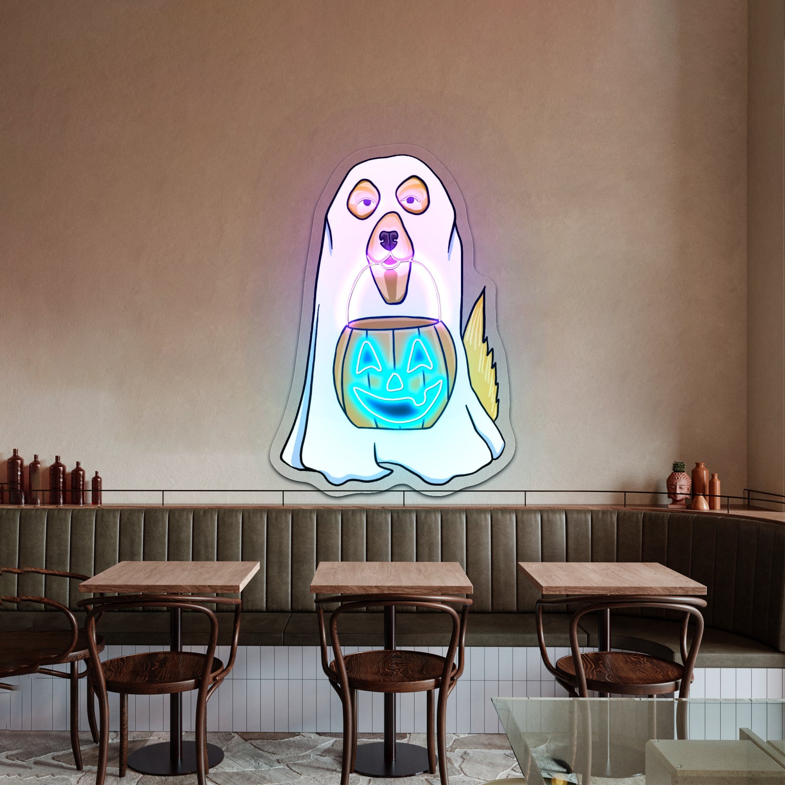 Dog In Ghost Costume Halloween Neon Signs