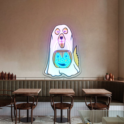 Dog In Ghost Costume Halloween Neon Signs