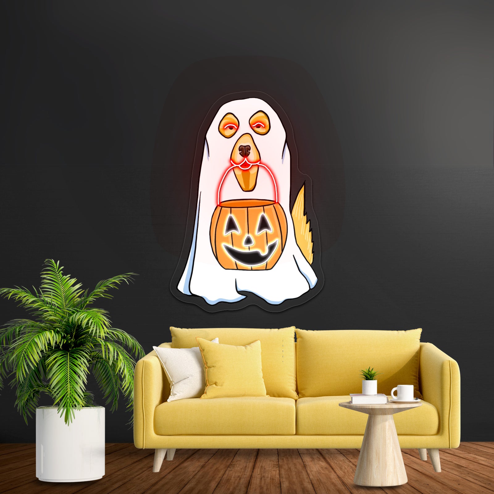 Dog In Ghost Costume Halloween Neon Signs