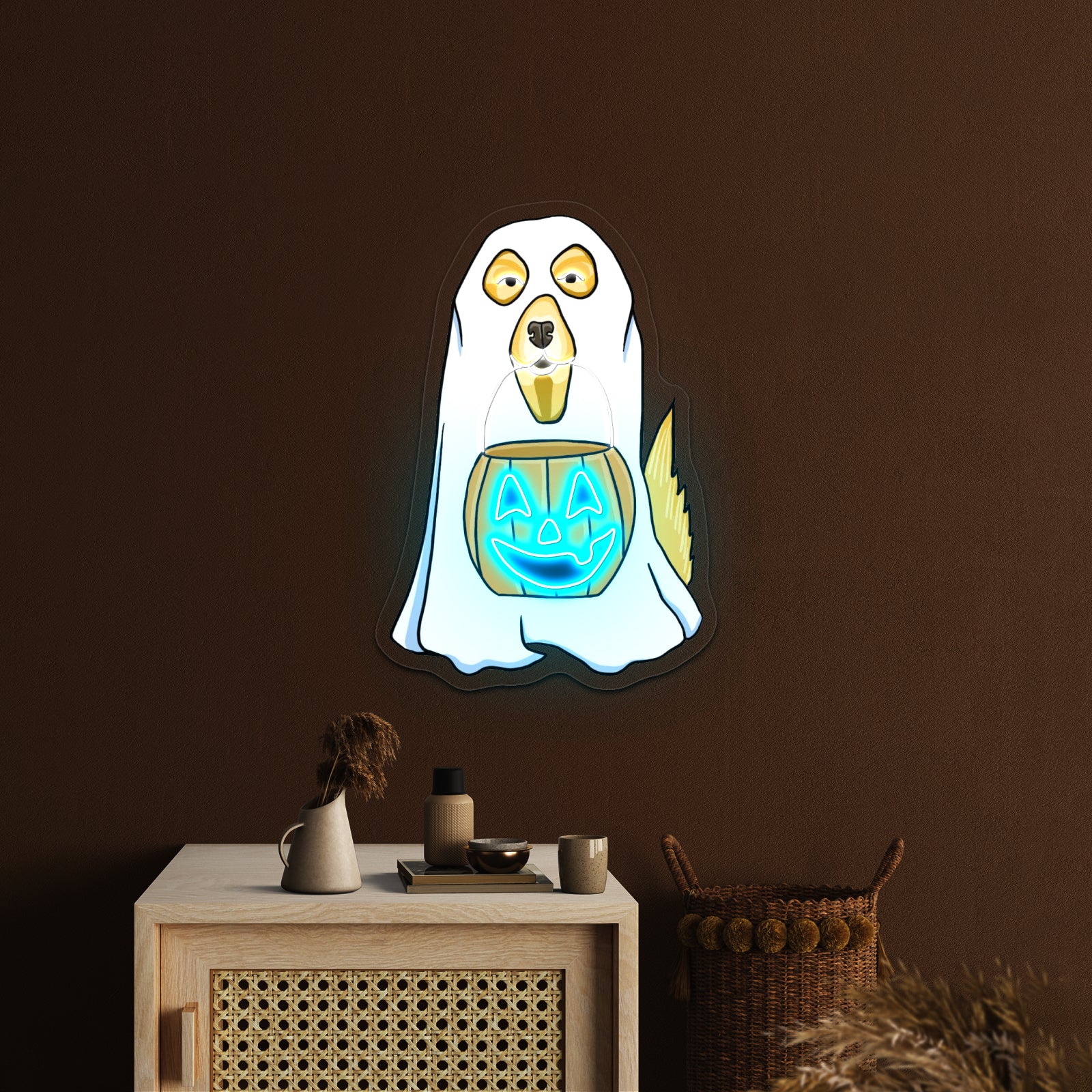Dog In Ghost Costume Halloween Neon Signs