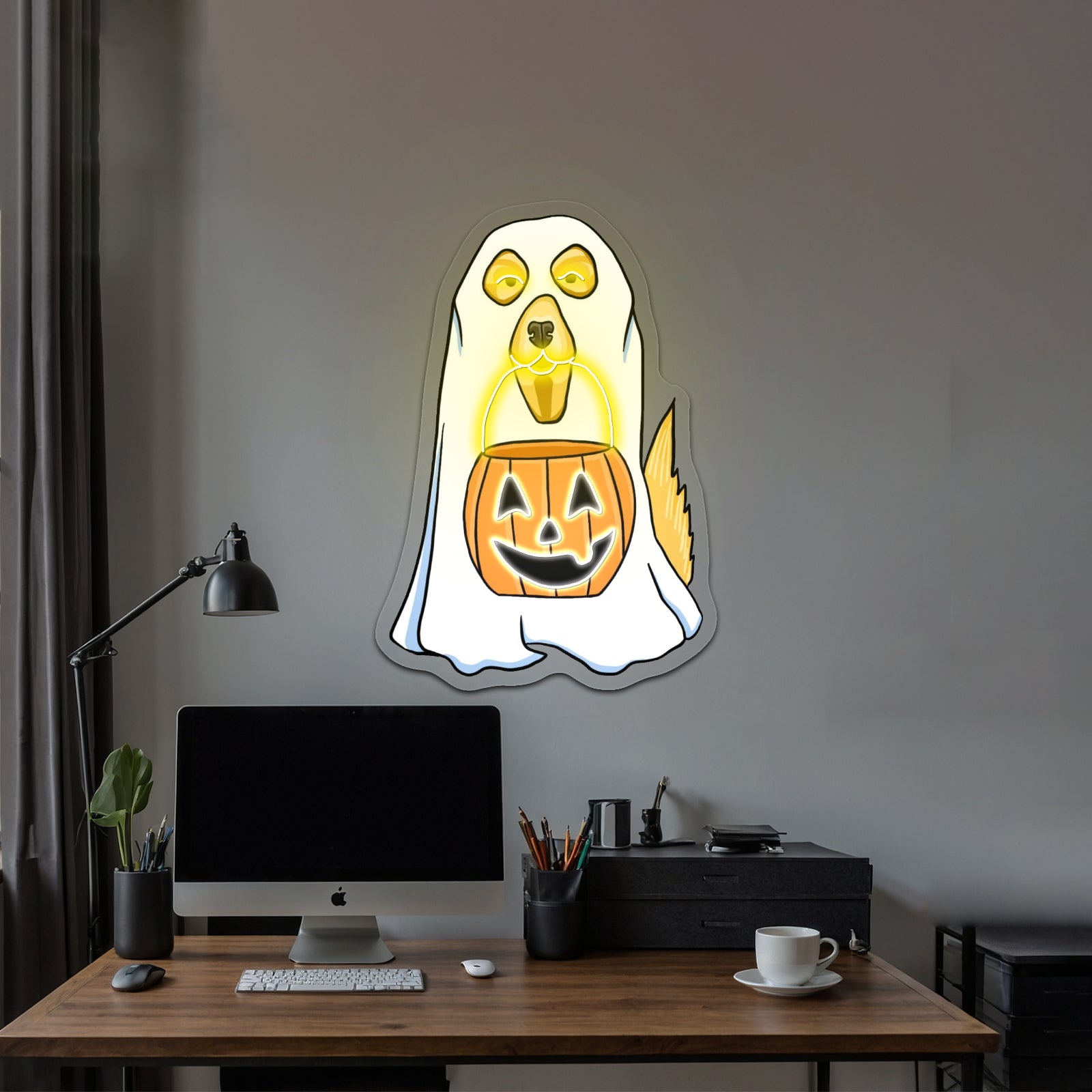 Dog In Ghost Costume Halloween Neon Signs