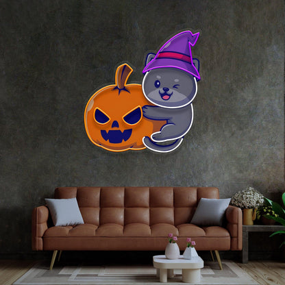 Dog Pumpkin Witch Hat Cartoon Uv Printed Led Neon Sign Halloween Home Decor | Shineneon
