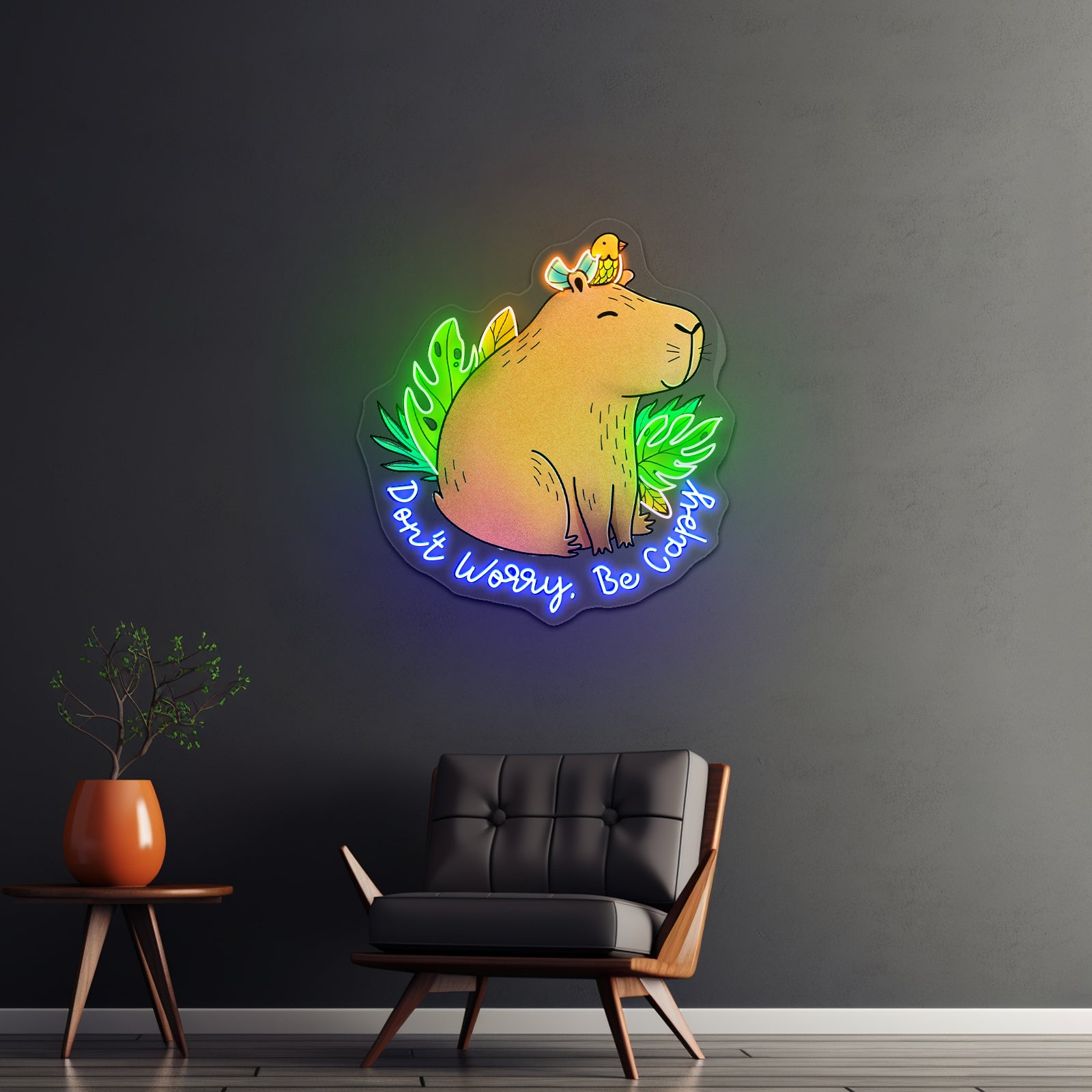 Dont Worry Be Capy Capybara And Bird Funny Animal Neon Signs