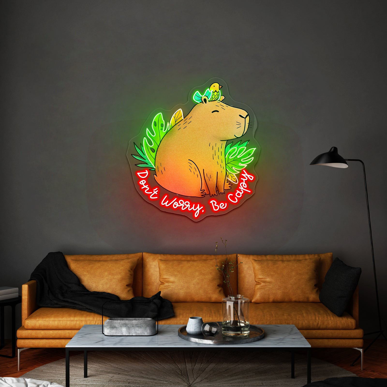 Dont Worry Be Capy Capybara And Bird Funny Animal Neon Signs