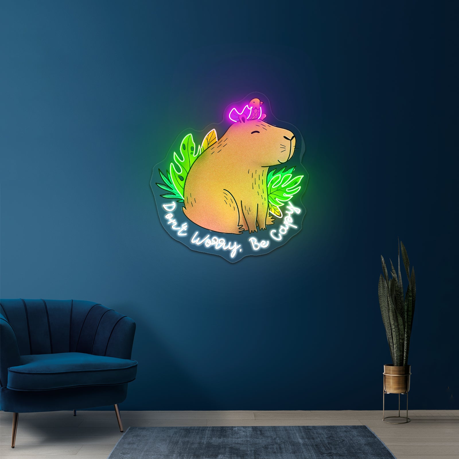 Dont Worry Be Capy Capybara And Bird Funny Animal Neon Signs
