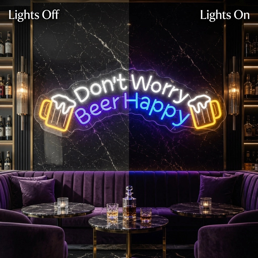 Don't Worry Beer Happy LED Neon Sign - 06 Day Night Comparison