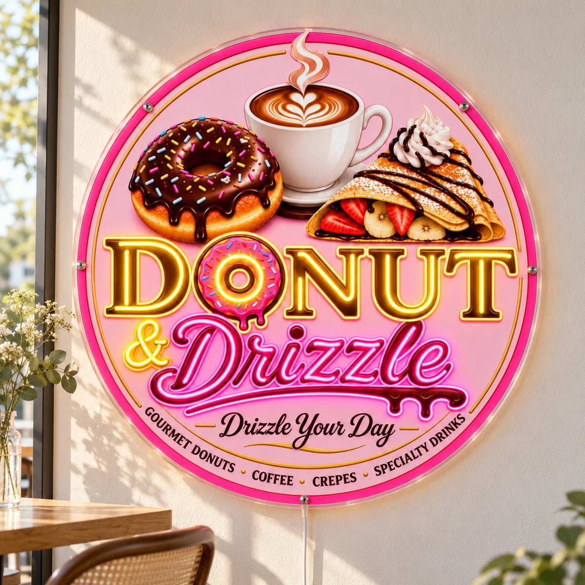 Donut & Drizzle Custom LED Neon Sign | 9d96f59fd096954f6b4a1a7b53c9cfbbf2b1c58ddb9b53cc5ca638641ae727b3 | natural_light