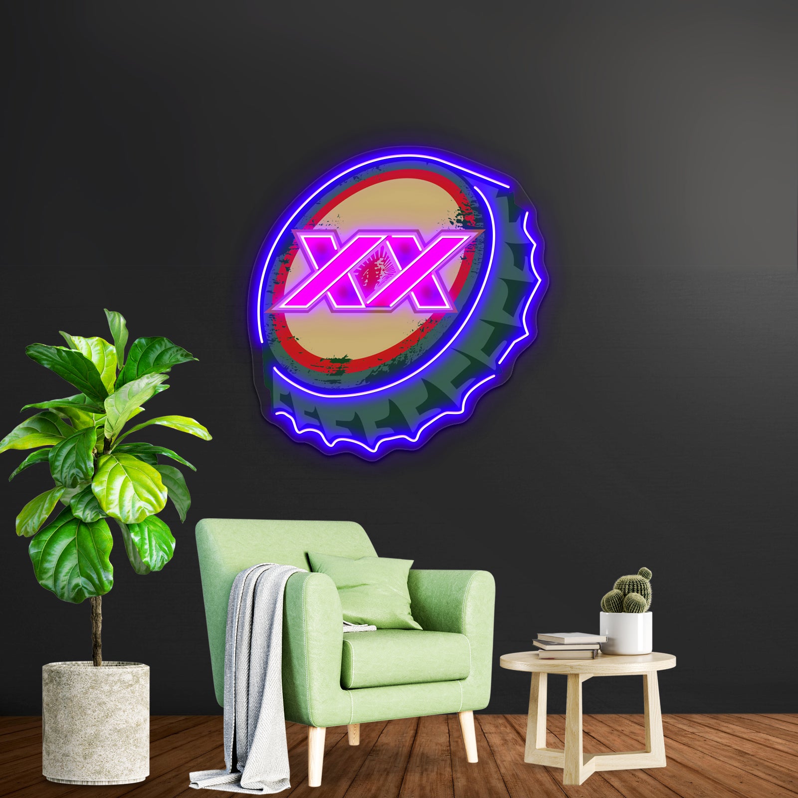 Dos Equis Mexican Beer Cap Artwork Custom Neon Led Sign - Neon sign mounted on wall in room