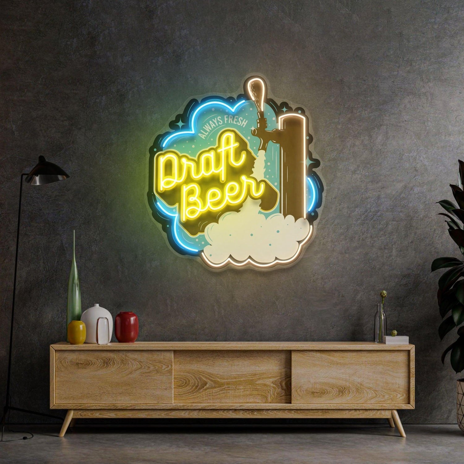 Draft Beer Blue-Yellow Uv Printed Led Neon Sign With Foam Art For Bar Restaurant Decor | Shineneon