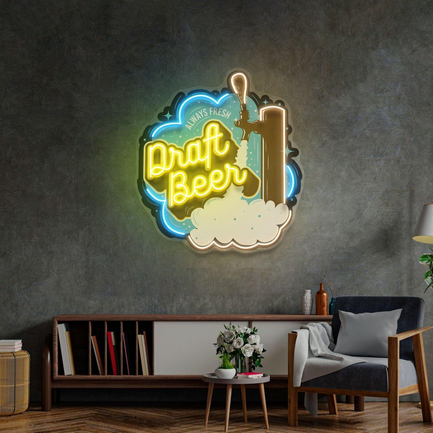 Draft Beer Blue-Yellow Uv Printed Led Neon Sign With Foam Art For Bar Restaurant Decor | Shineneon