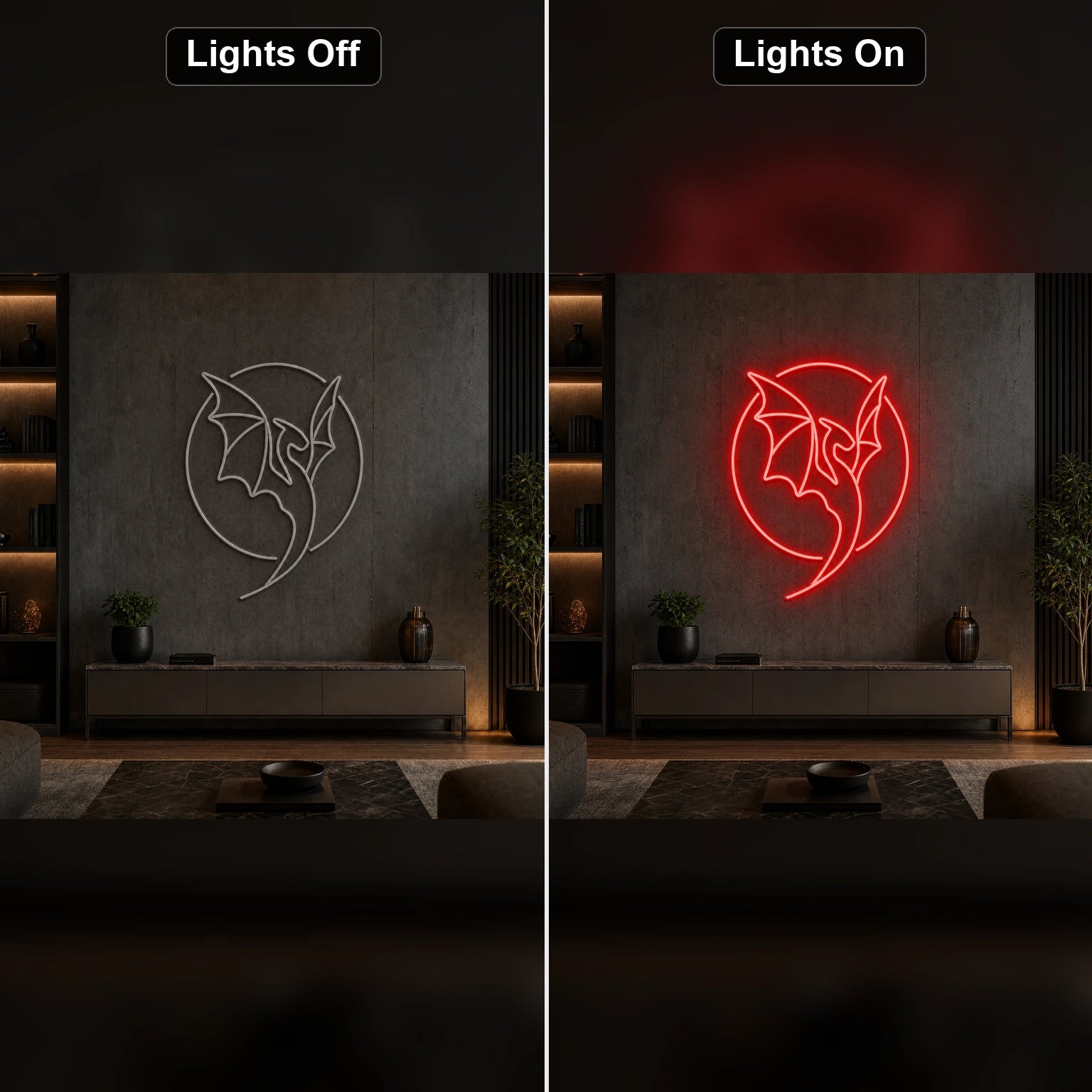 Dragon LED Neon Sign Home Bar Wall Decoration day and night comparison
