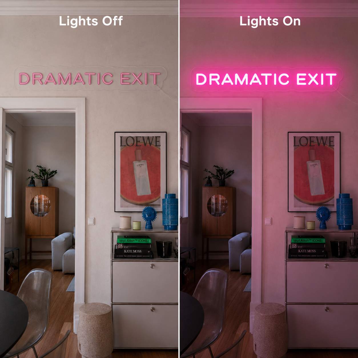Dramatic Exit LED Neon Sign - 06 Day Night Comparison