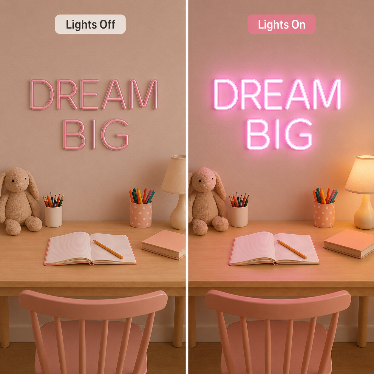 Dream Big LED Neon Sign Bedroom Decor - 06 Day Night Comparison