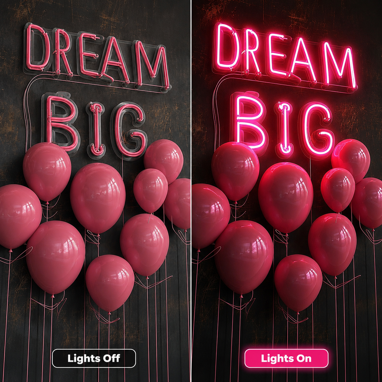 Dream Big Surrounded By Many Balloons LED Neon Sign - 06 Day Night Comparison