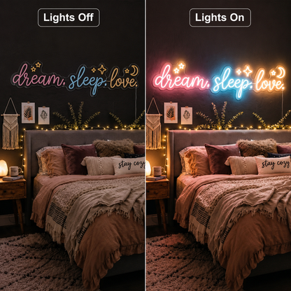 Dream Sleep Love Bedroom LED Neon Sign - 06 Day Night Comparison