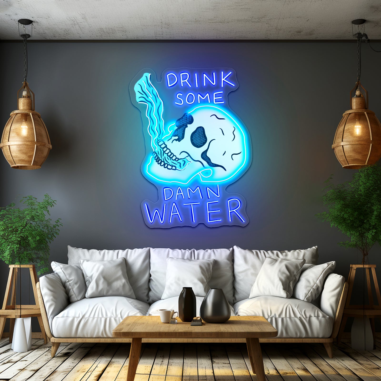 Drink Some Damn Water Skull Neon Bar Signs